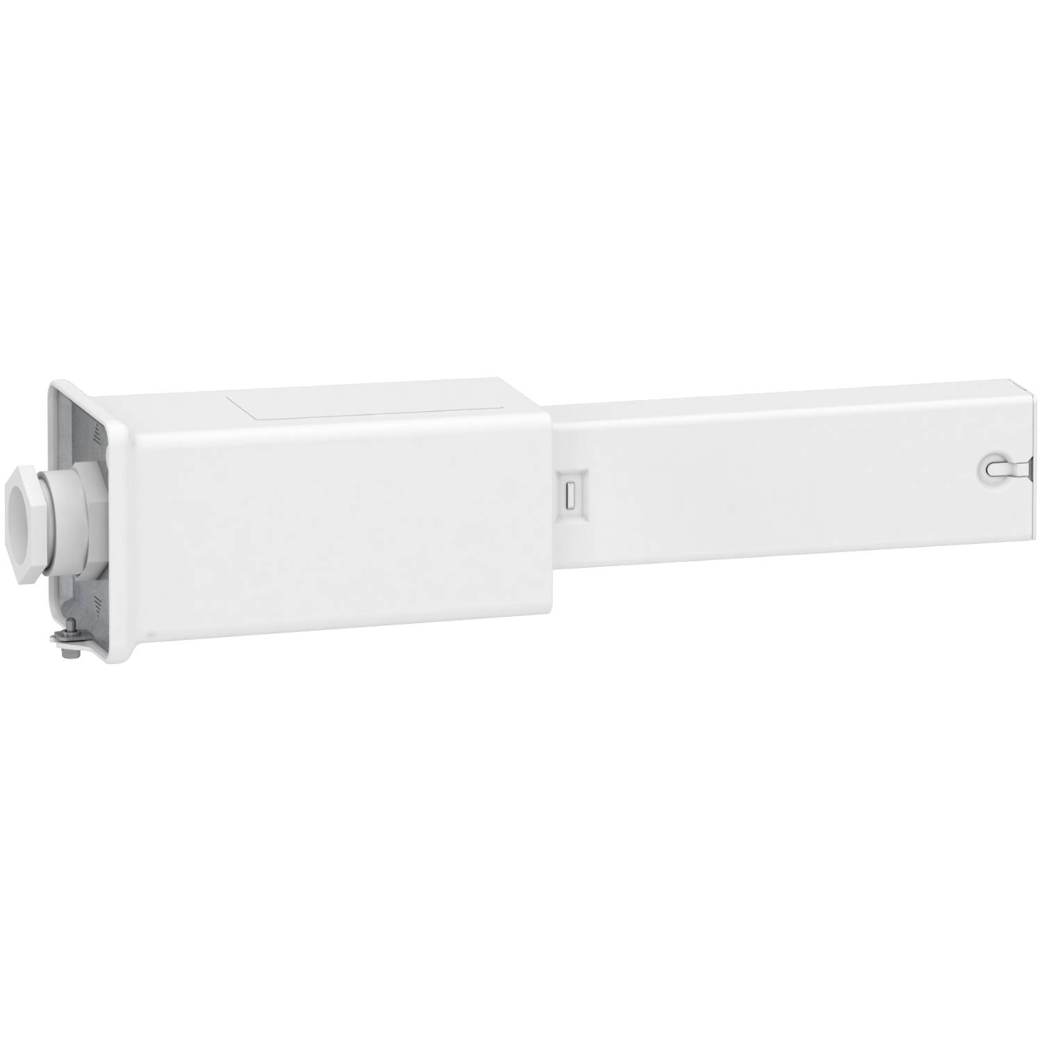 A white electromechanical slide valve actuator with sliding mechanism is shown in the image.