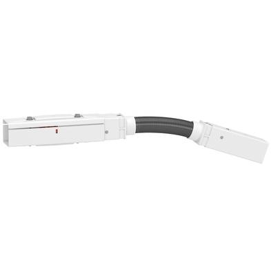 A white cable connector with a flexible tube and rectangular terminals at both ends. Suitable for electrical connections.