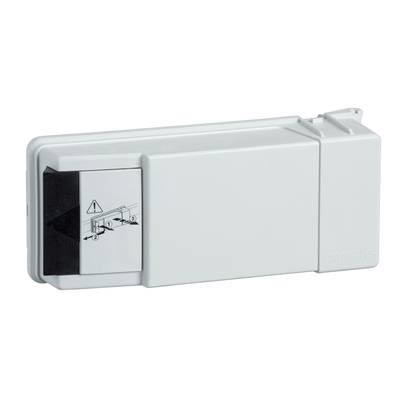 A white electrical plug connector from Canalis, rectangular, with a small diagram on the front showing operating instructions.