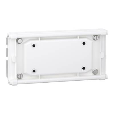 A white rectangular plate with four black screw holes and four silver screws at the corners on one side.