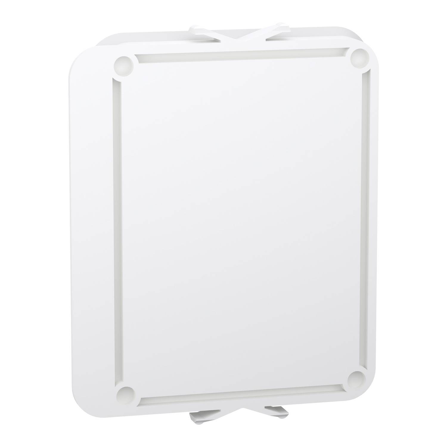 White, rectangular dummy plastic component with rounded corners, four symmetrically positioned holes, and two rear hooks.