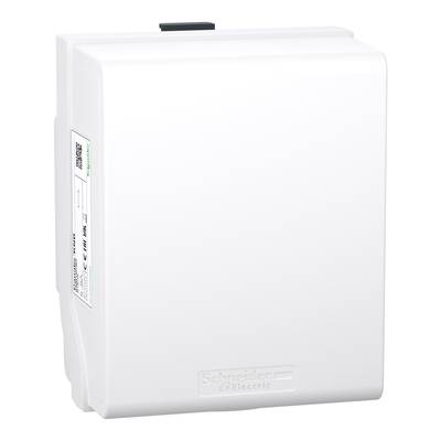 White electrical junction box with 'Schneider Electric' logo. Suitable for electrical installations, wall-mounted.