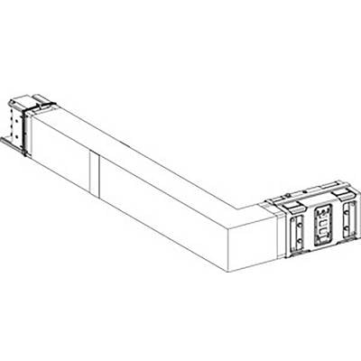 A technical drawing of a rectangular ventilation duct with a bend. The duct has mounting connections at both ends.