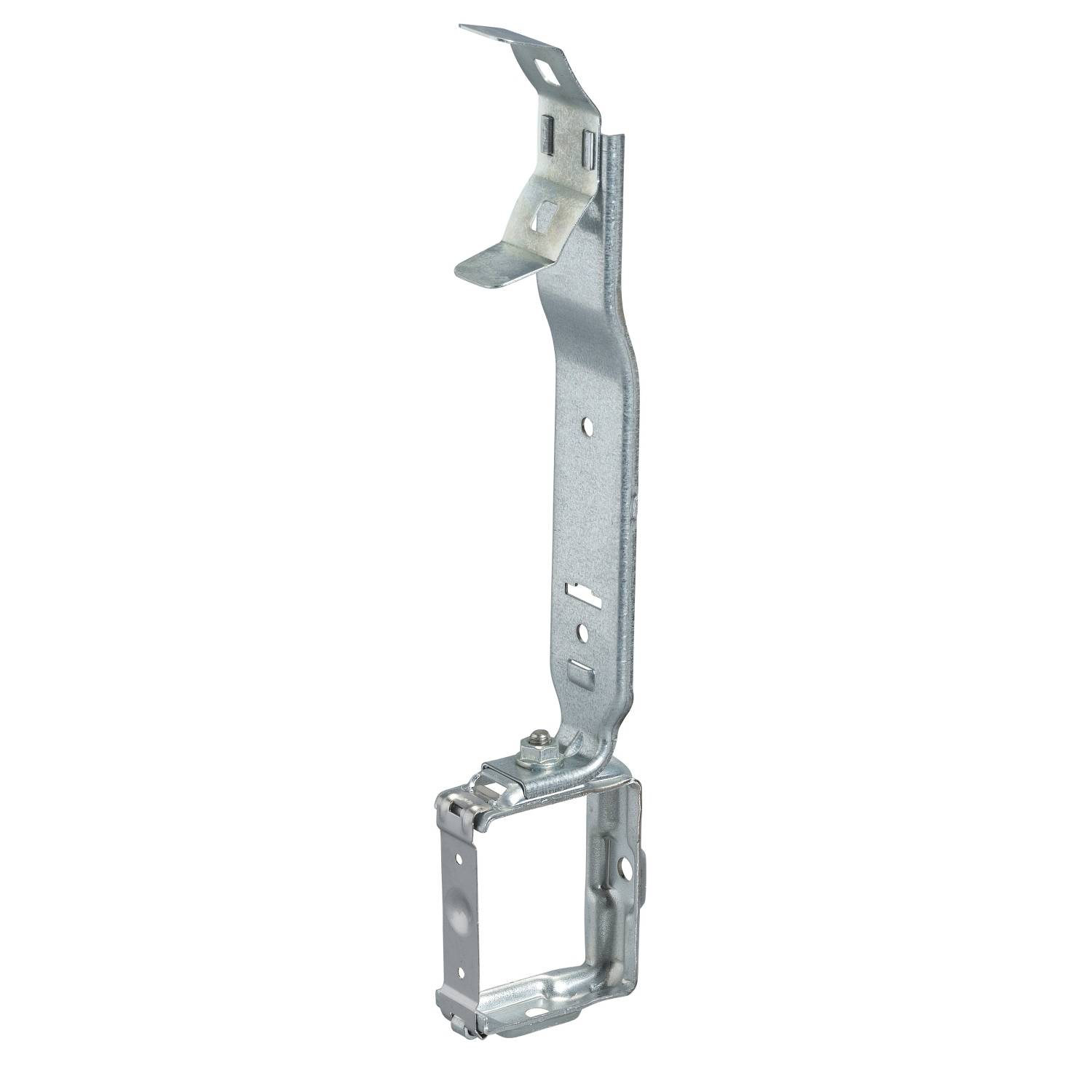 Metal wall mounting bracket, vertically oriented. Features multiple fixing holes and an angled hook at the top.