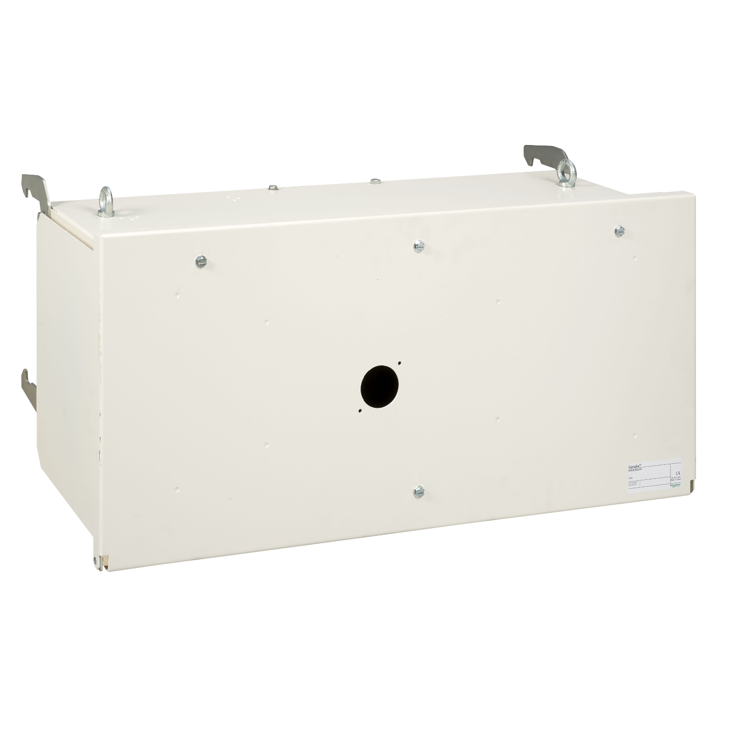 Rectangular white metal box with mounting hooks on the sides and a central hole. Suitable for industrial or electrical engineering applications.