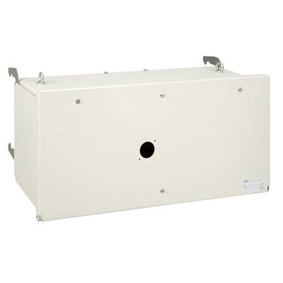 Rectangular white metal box with mounting hooks on the sides and a central hole. Suitable for industrial or electrical engineering applications.