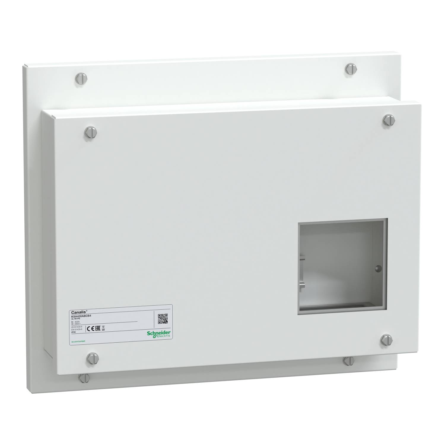 A white enclosure with a hinged cover and a rectangular window on the right. It contains labels and a CE marking.