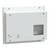 A white enclosure with a hinged cover and a rectangular window on the right. It contains labels and a CE marking.