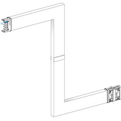 Schematic of an electrical installation with an angled channel system and plug connections at both ends.