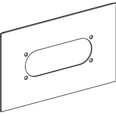 Sketch of a rectangular metal sheet with an oval, protruding slot in the centre and four drill holes at the corners.