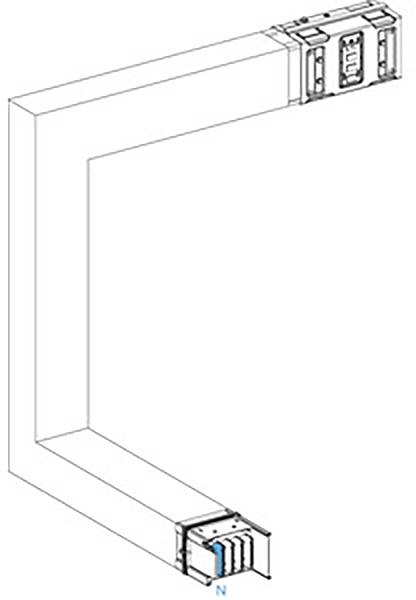 'Diagram of an L-shaped ventilation duct with two rectangular connections at the ends, marked with a blue N.'