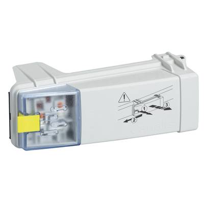 An electrical device with a transparent section and yellow label. Above it, a warning symbol and a diagram illustration for installation.