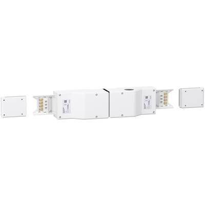 Electrical plug connector comprising multiple rectangular segments, partially open, revealing internal connection points.