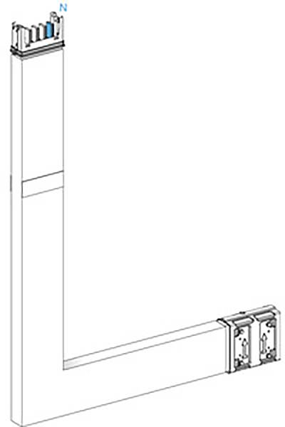 Technical drawing of an L-shaped cable trunking system with upper connections and lower mounting brackets, for room cabling.