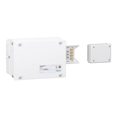 A white electrical junction or distribution enclosure by Schneider Electric with an open cover and visible connections.