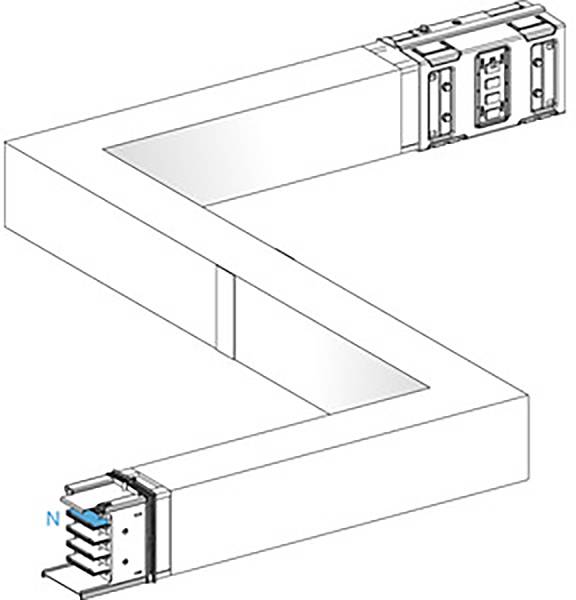 Technical drawing of a modular connector system with three angled sections. Displays plug connections at the ends.