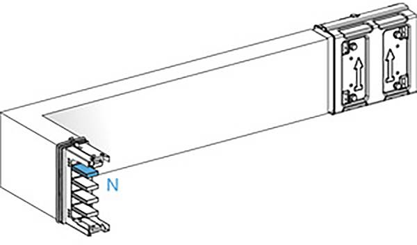 Electrical busbar with an open cover. Internal power rails with 'N' marking for neutral conductor visible.