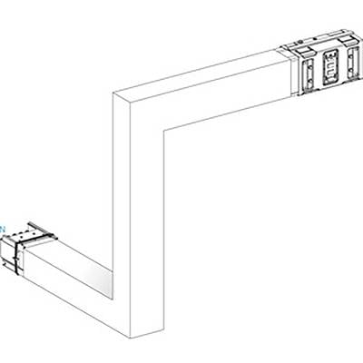 Diagram of a 90-degree rectangular cross-section ducting system, showing connection pieces and the direction of airflow.