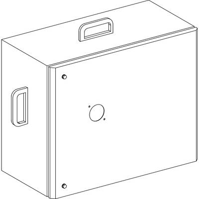 Technical drawing of a rectangular box with handles on the top and side. The front face has a circular opening.