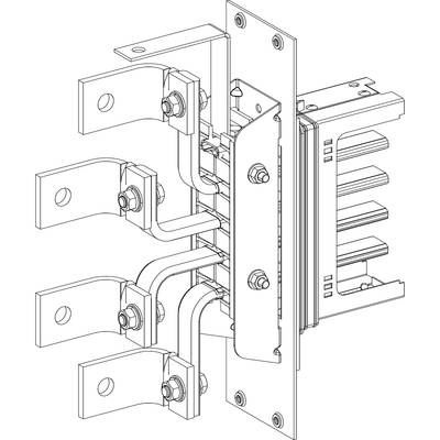 Drawing of an electrical switchgear with screws, metal plates, and cable connections. Representation of internal components.