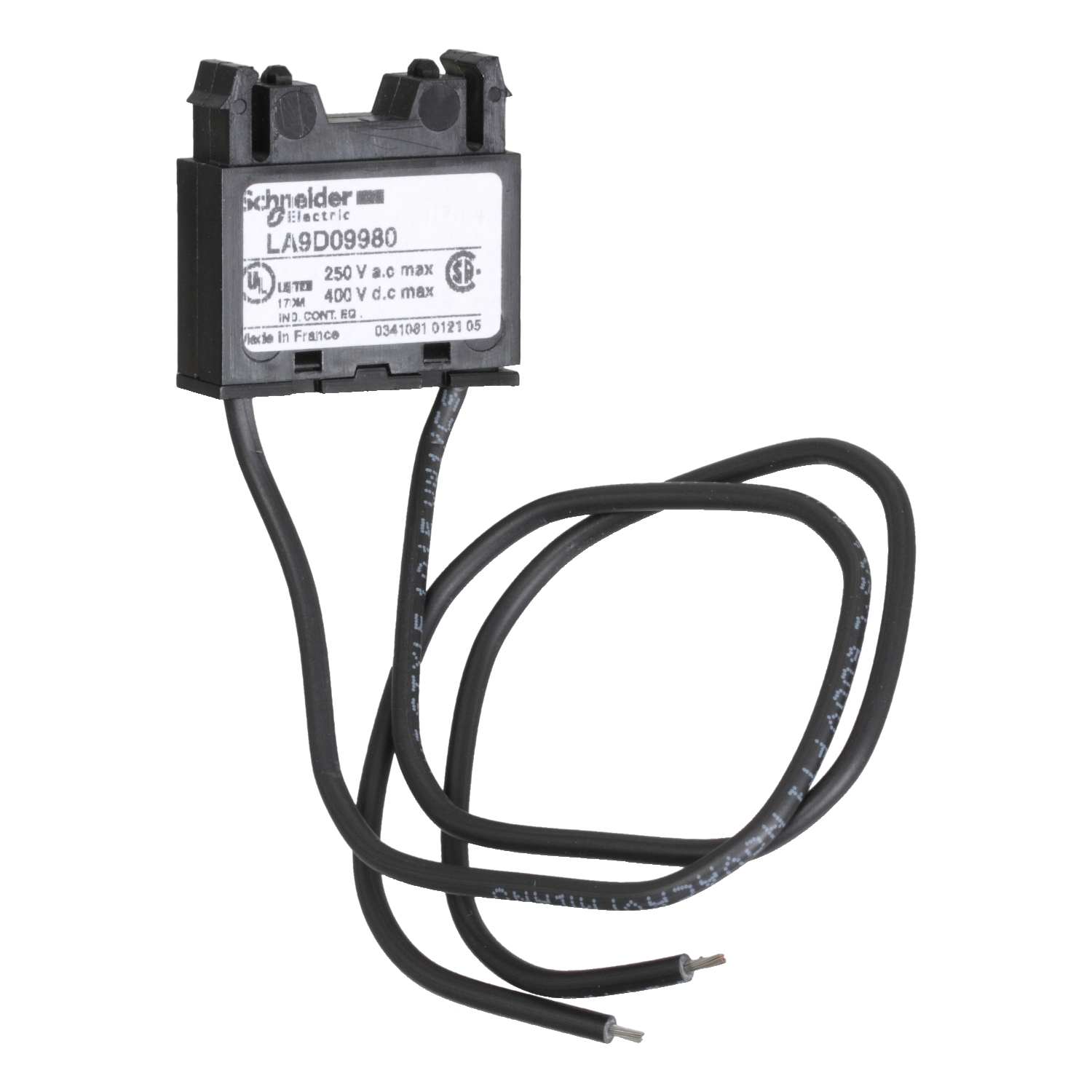 An electrical component with two black cables and a label displaying technical specifications.