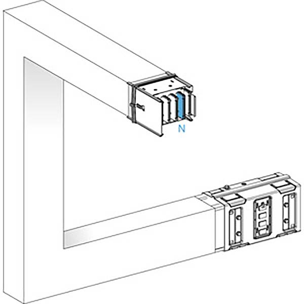 A diagram shows a modular electrical busbar system with two angled connecting elements and a neutral blue conductor.