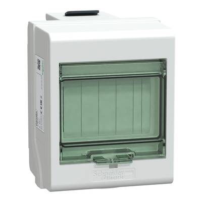 A small, white consumer unit by Schneider Electric with a transparent lid, suitable for mounting fuses in buildings.