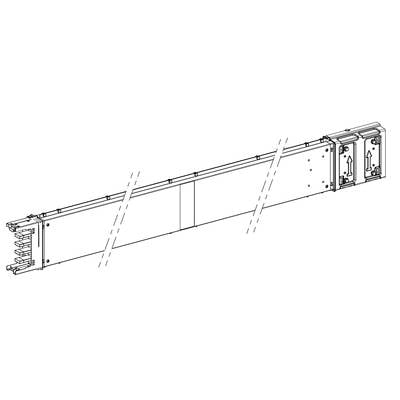 Technical Drawing of a Long, Narrow Metallic Component with Lateral Fixing Points and Pins at One End