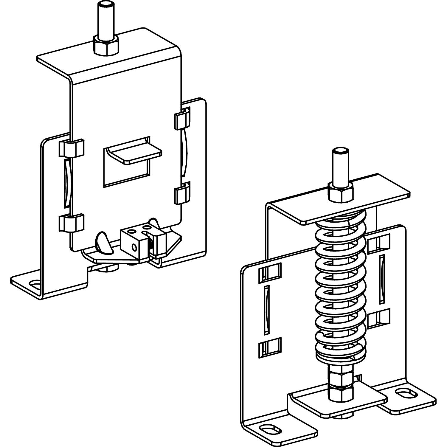 Two technical drawings of clamping and holding devices, possibly for mechanical engineering. On the left: Opening mechanism, on the right: Spring mechanism.
