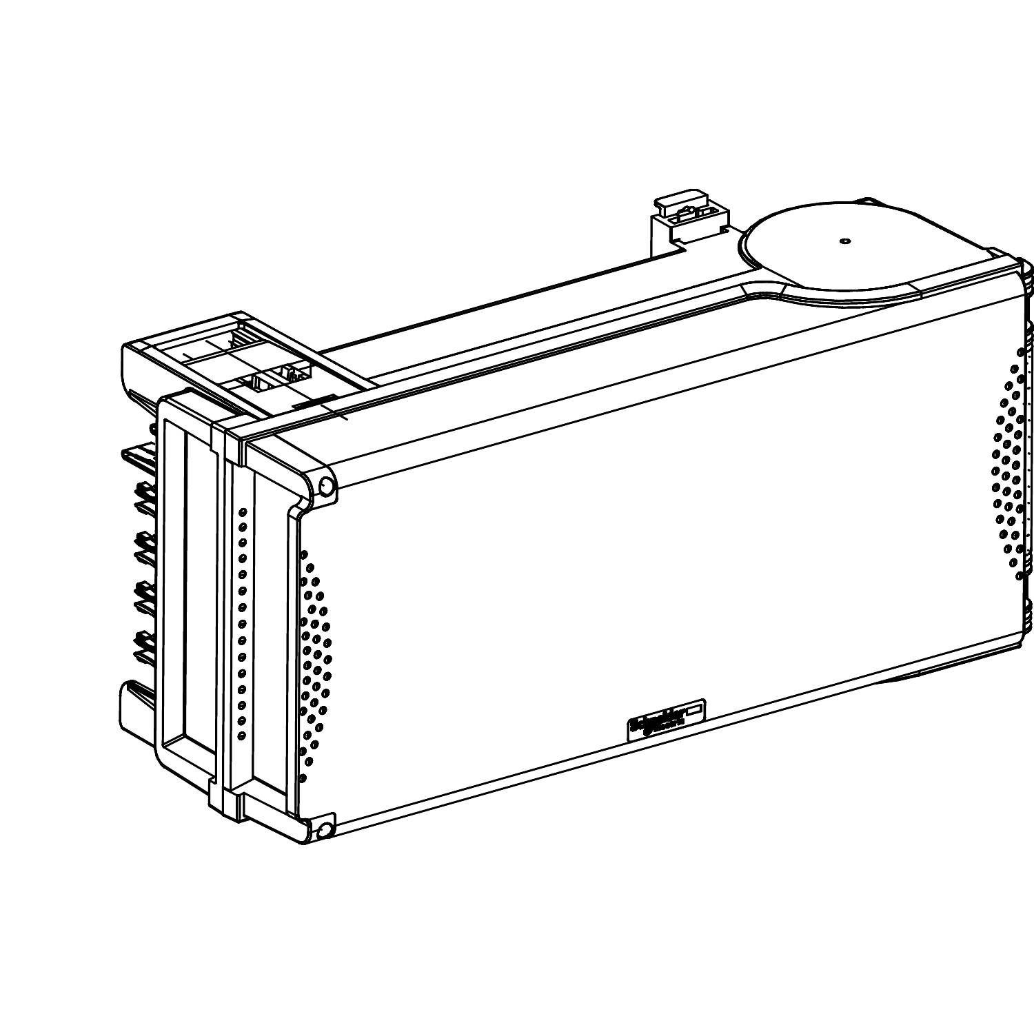 Line drawing of a rectangular electronic component with ventilation openings and connections on the left side.
