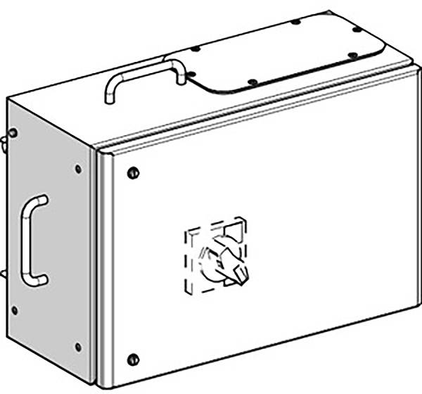 Drawing of a rectangular enclosure with handles on the sides and a switch on the front.