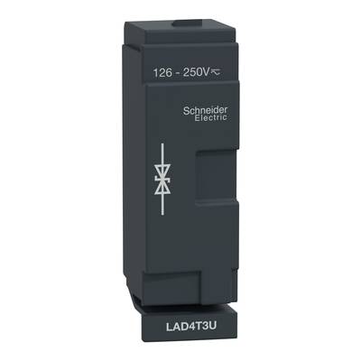 Black module from Schneider Electric with inscription '126-250V' and 'LAD4T3U', showing a diode symbol in the centre.