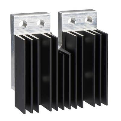 Black heat sink with vertical fins, two mounting holes at the top, made of metal, used for heat dissipation in electronic devices.