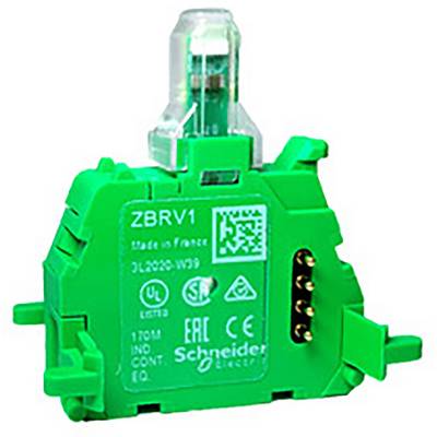 Green electronic component with markings and a protruding transparent part on top. Label: 'Schneider Electric'.