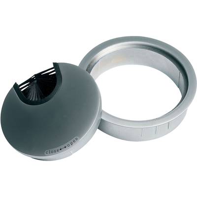 Grey, round waste bin with an open lid and built-in brush. The text 'close ↔ open' is visible on the lid.