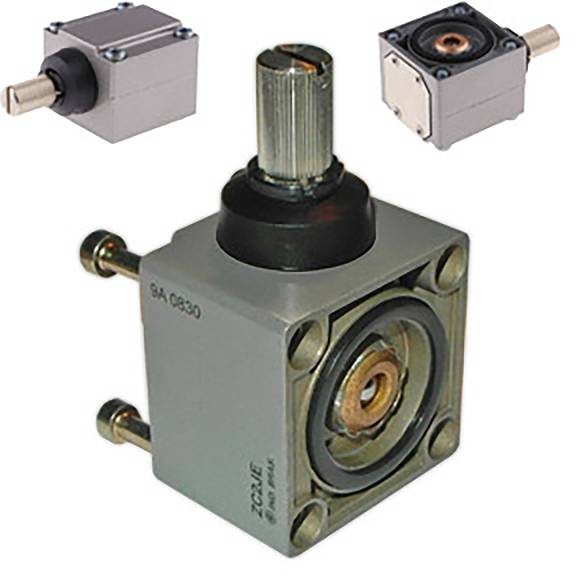 Three different views of a square mechanical device with a rotatable axis, used in mechanical engineering applications.