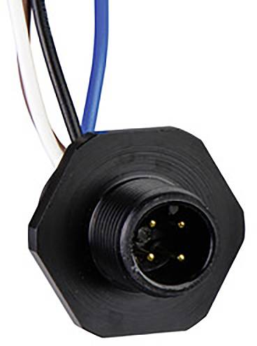 A black, round connector with three visible pins. Three cables in blue, white, and brown are connected to the connector.