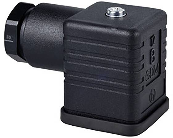 Black, rectangular plastic connector housing with side cable outlet, visible screw on top.