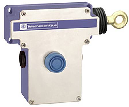A blue Telemecanique limit switch with a metal enclosure and a push button, suitable for industrial applications.