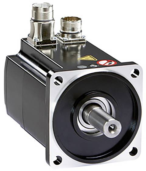 A black electric motor with a metal casing and two connections. Front view shows the axis and mounting holes.