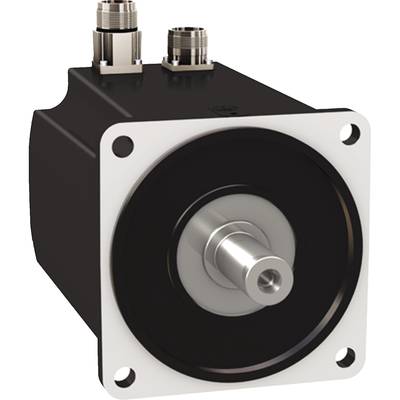 A black electric motor with two plug connections on top and a protruding shaft at the front, against a white background.