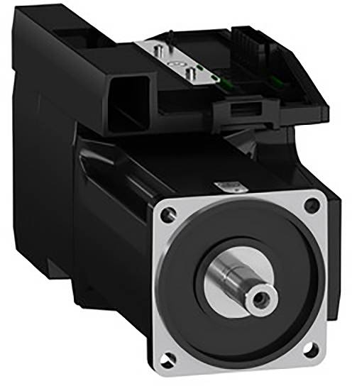 'Black electric motor with rectangular housing and silver connection flange. Electrical connections are visible on the top surface.'
