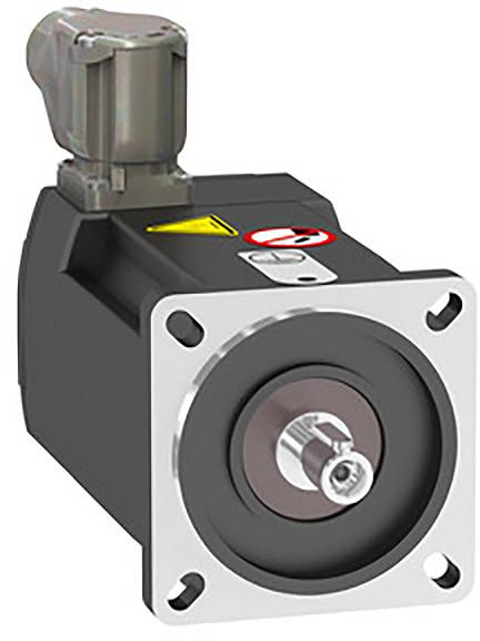 A black electric motor with connection component on top and rotating axle configuration at the front. A warning sign is visible on the housing.