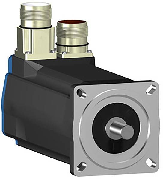 Electric servo motor with metal connectors and square mounting plate. Used in industrial applications for precise control.