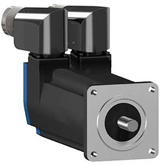 A black electric motor with two terminals and a metal plate at the front, shown from an angle that emphasises the details of its shape and structure.