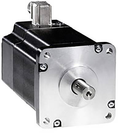 Black electric motor with silver front plate and shaft, suitable for precise motion control in machinery.