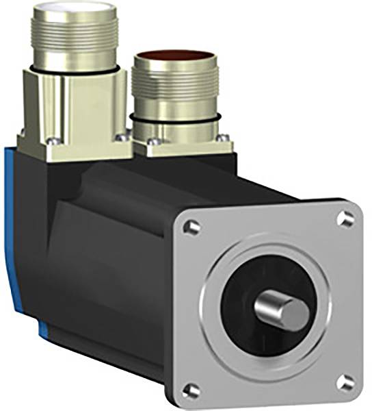 A black electric motor with silver connections on top and a silver mounting plate at the front, showing the front view with rotational axis.