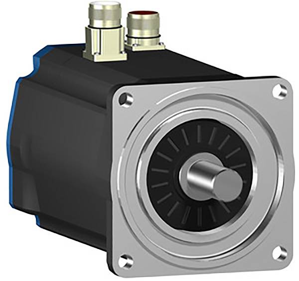 Servomotor with a metal housing, rotationally symmetrical rotor and two cable connections at the top for industrial applications.