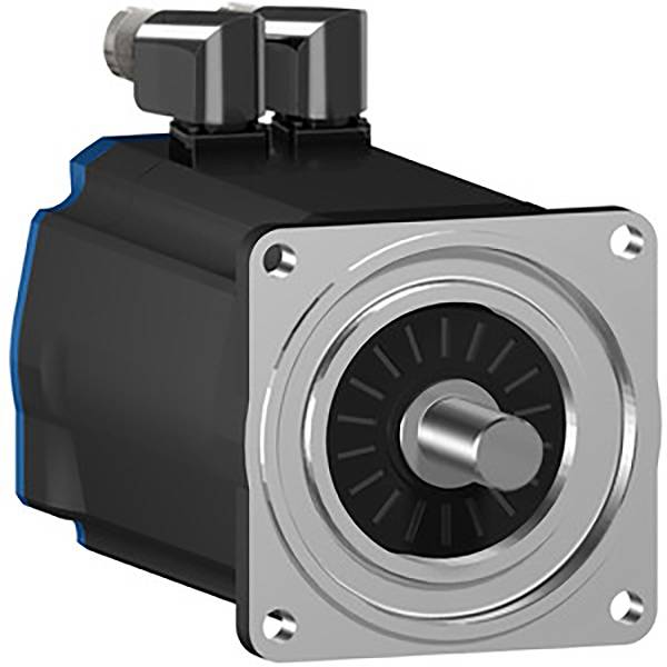 Electric motor with a rectangular housing and round metal rotor, suitable for industrial applications. Two connection points at the top.