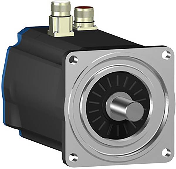 Black electric motor with silver front plate and protruding shaft, two golden connections on top, against a white background.